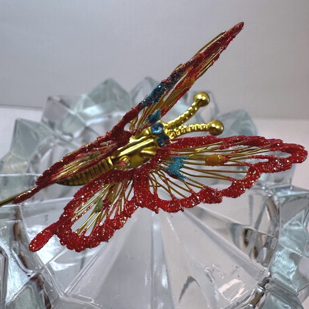 Womens Stick Pin OS Gold Red Brooch Trembler Butterfly Vintage Whimsical Moving